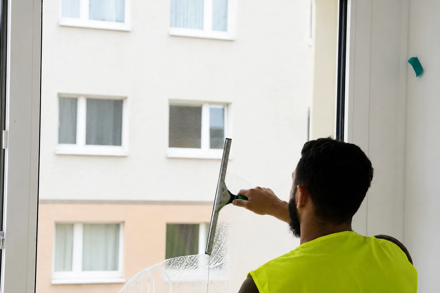 ELMA-Mitarbeiter reinigt mit dem Abzieher die Fensterfront eines Neubaus in Berlin